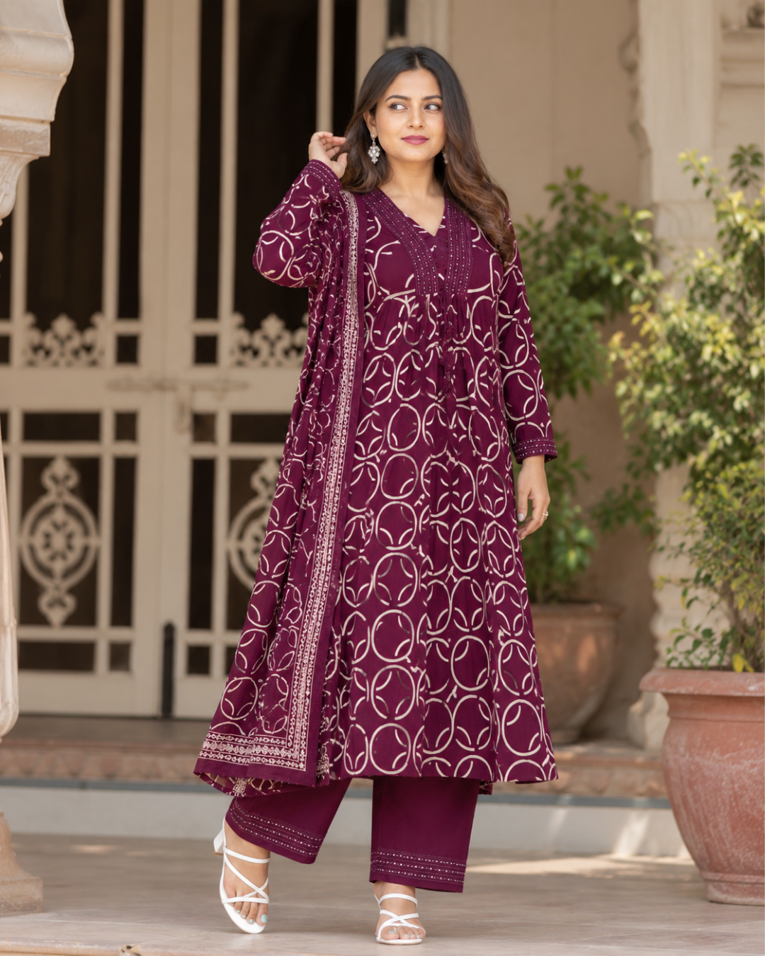 Wine Geometric Jaipuri Cotton Suit Set