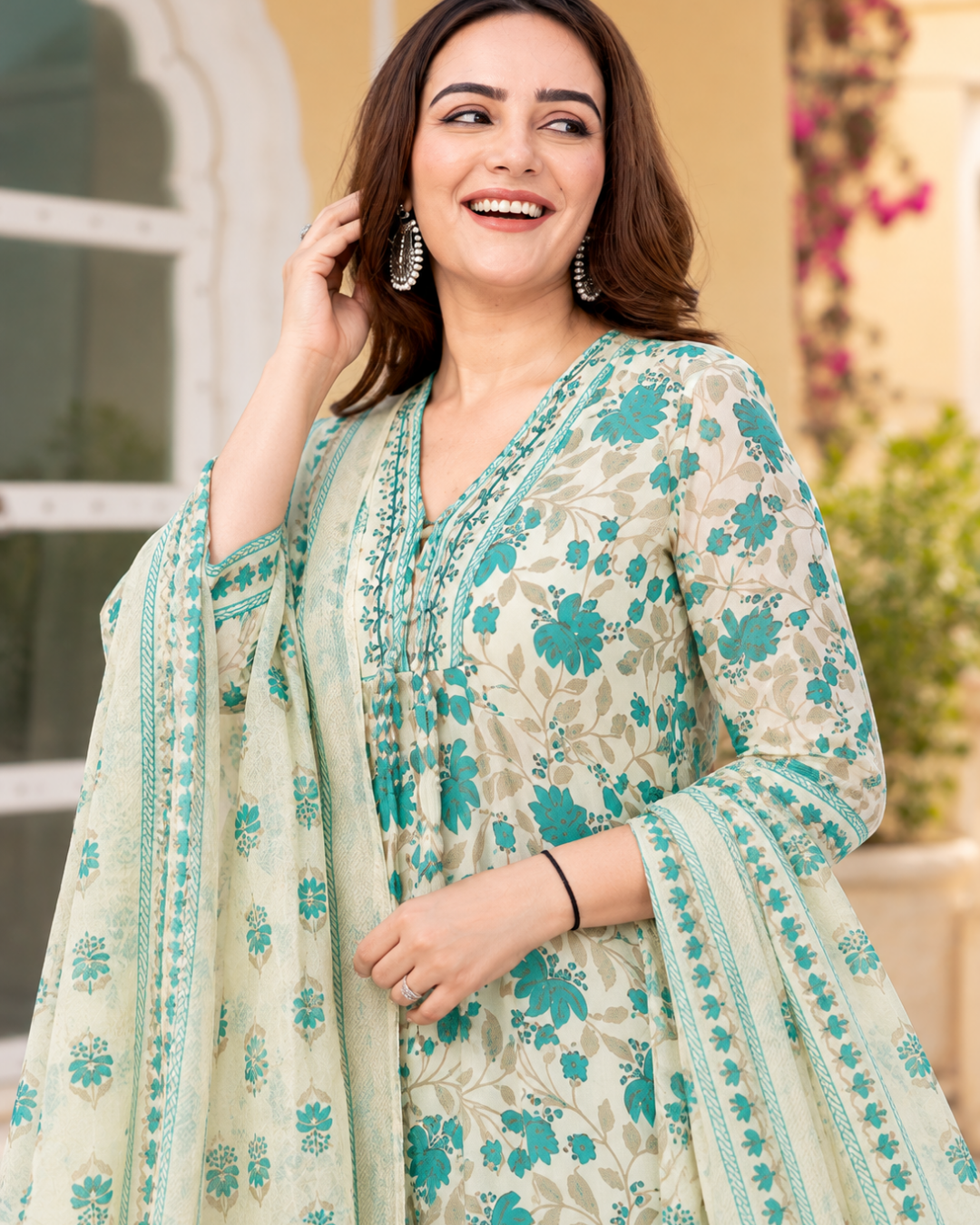 Sea Green Floral Jaipuri Cotton Anarkali Set