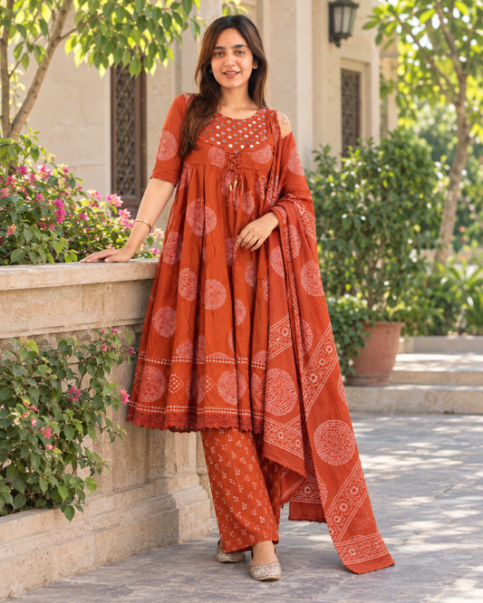 Roohi Rust Bandhani Flared Suit Set