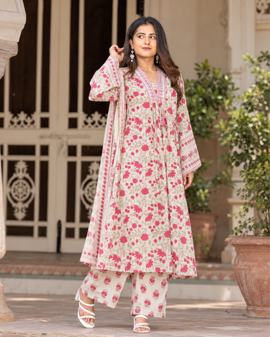 Pink Booti Jaipuri Cotton Suit Set