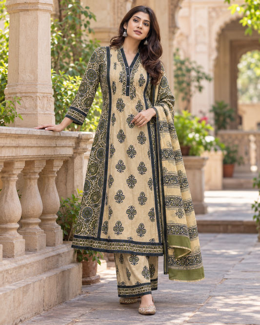 Tara Khaki Kalidar Kurti Set
