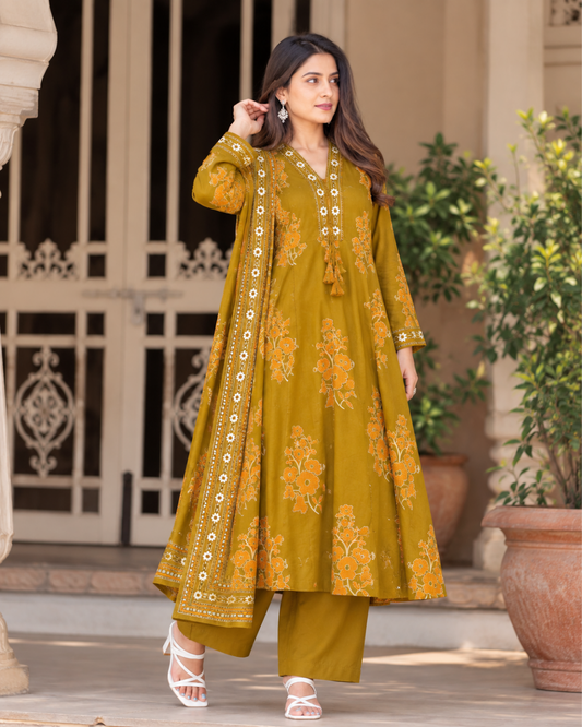 Mustard Floral Jaipuri Cotton Kurta Set