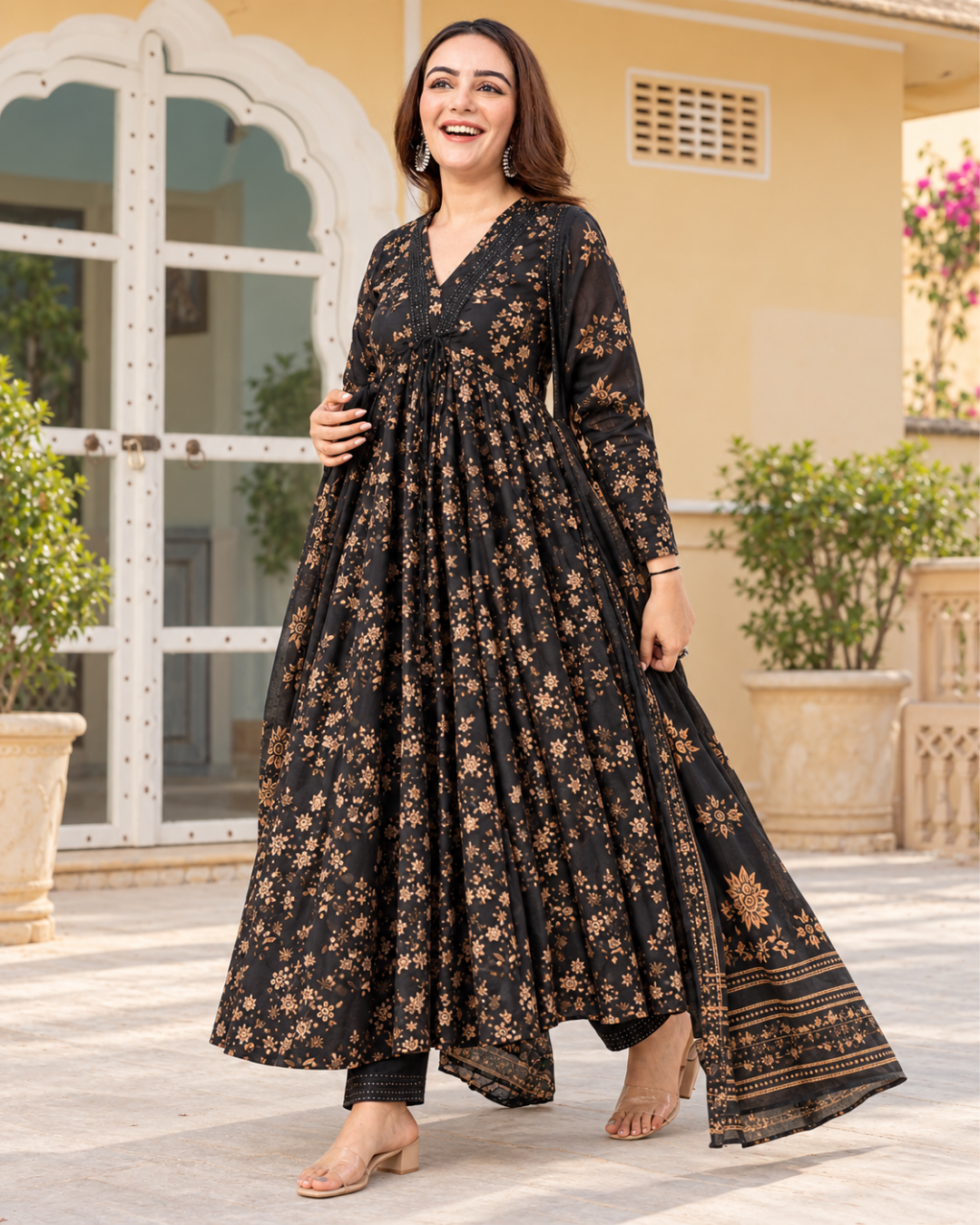 Black Floral Jaipuri Cotton Anarkali Set