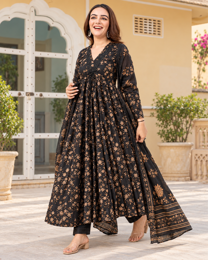 Black Floral Jaipuri Cotton Anarkali Set
