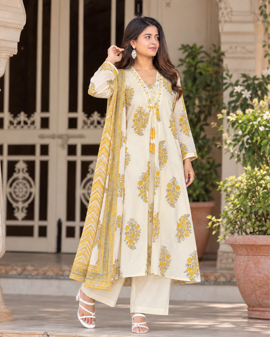 Ivory Marigold Jaipuri Cotton Suit Set