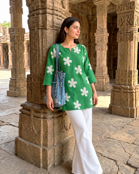 Kelly Green Daisy Jaipuri Tunic Kurti