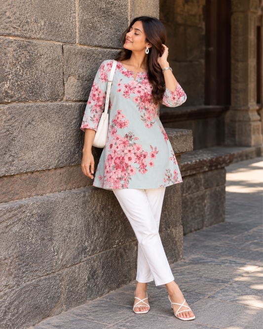 Sky Blue Peony Jaipuri Tunic Kurti