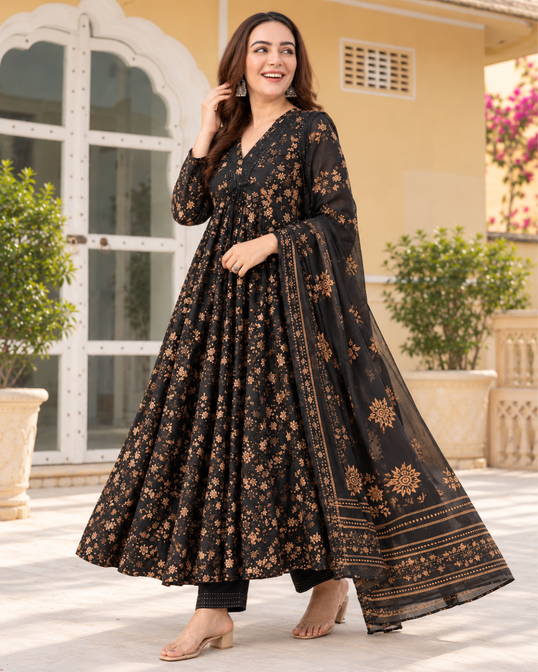 Black Floral Jaipuri Cotton Anarkali Set