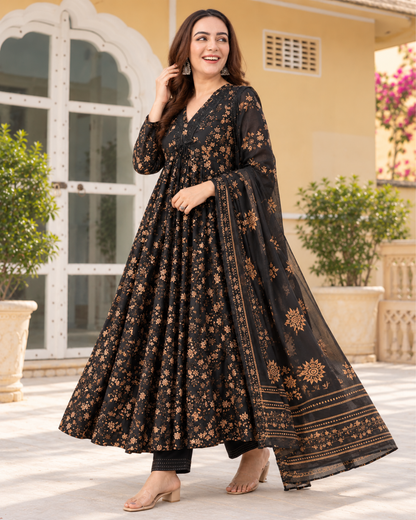 Black Floral Jaipuri Cotton Anarkali Set