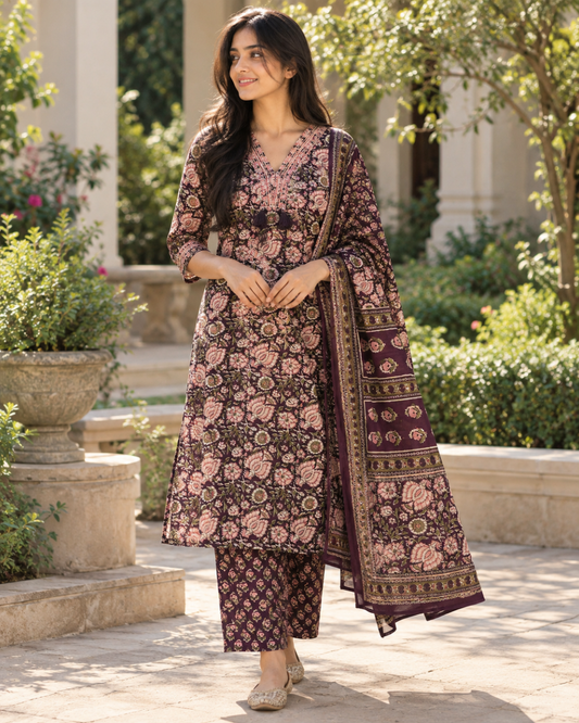 Afreen Plum Floral Straight Kurti Set