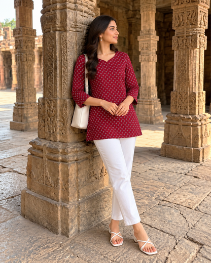 Maroon Ditsy Dot Jaipuri Tunic Kurti