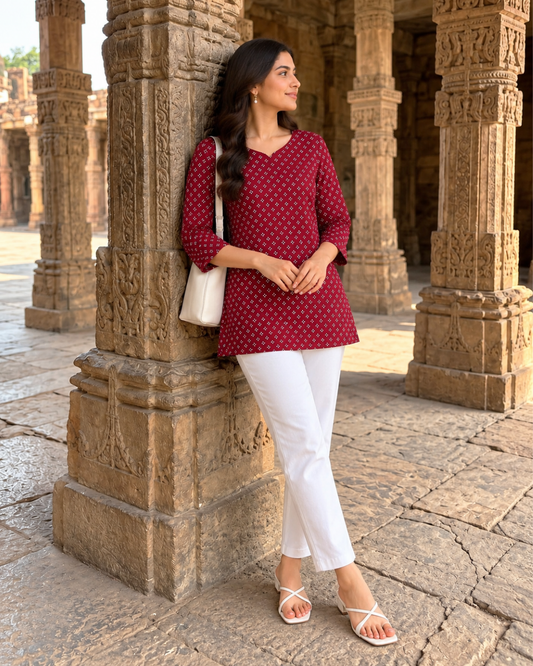 Maroon Ditsy Dot Jaipuri Tunic Kurti