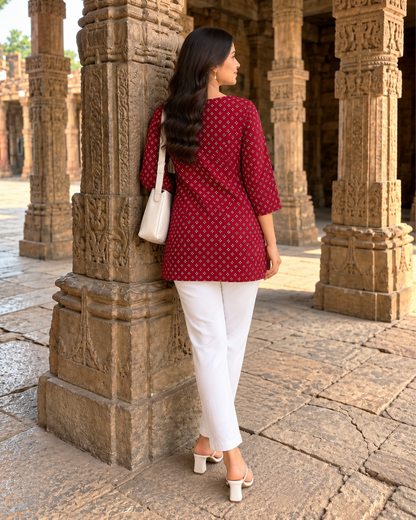 Maroon Ditsy Dot Jaipuri Tunic Kurti