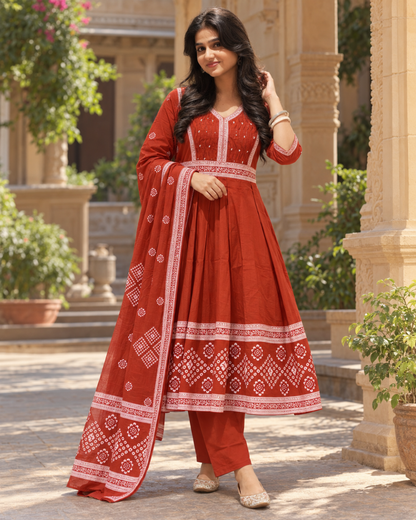 Sanjh Rust Bandhani Anarkali Set