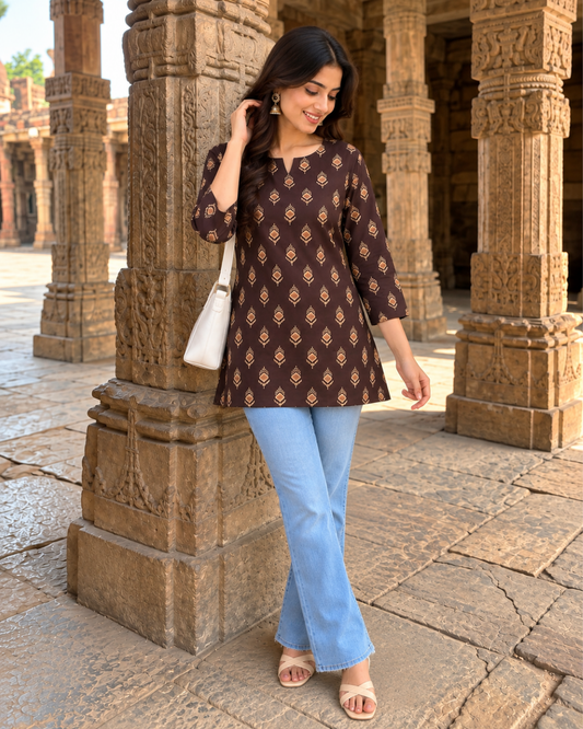 Cocoa Brown Booti Jaipuri Tunic Kurti