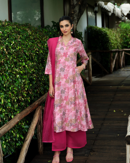 Fuchsia Blossom Flared Kurti Set