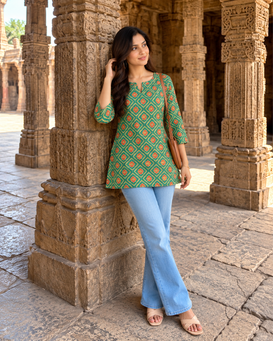 Emerald Grid Bandhej Jaipuri Tunic Kurti