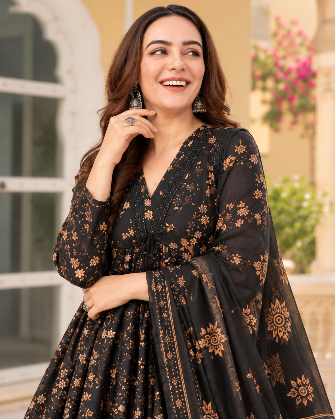 Black Floral Jaipuri Cotton Anarkali Set