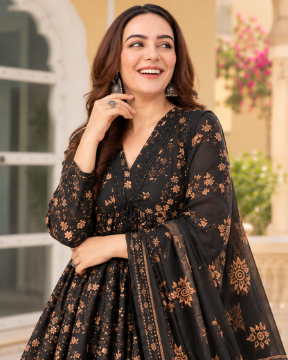 Black Floral Jaipuri Cotton Anarkali Set