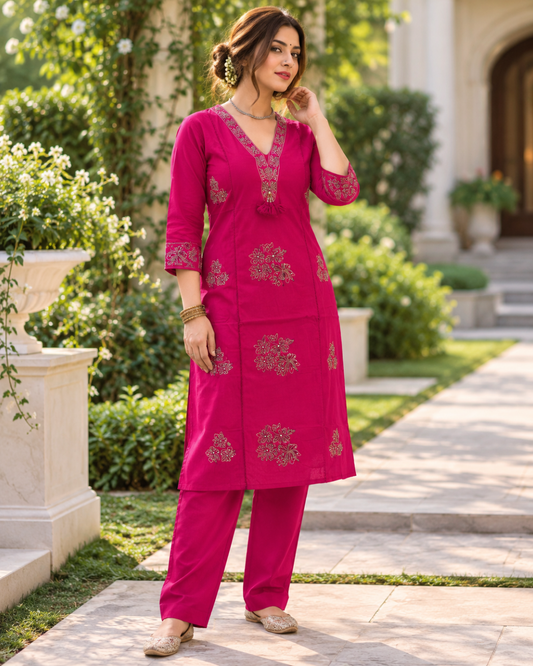 Pari Rani Pink Embroidered Kurti Set