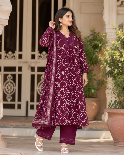 Wine Geometric Jaipuri Cotton Suit Set