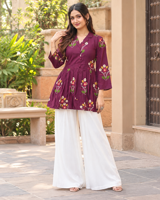 Kiara Plum Embroidered Shirt Kurti