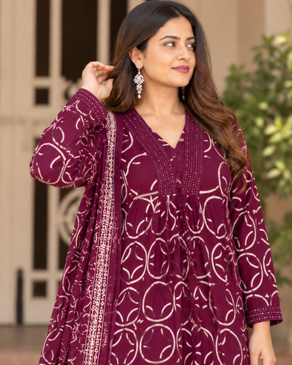 Wine Geometric Jaipuri Cotton Suit Set