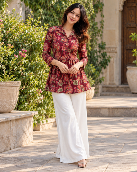 Siya Maroon Floral Peplum Tunic