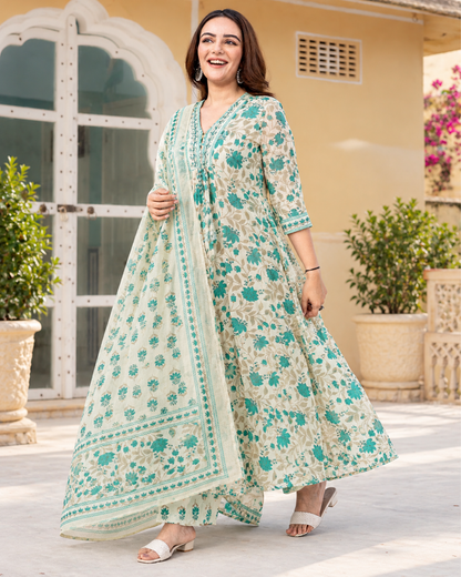 Sea Green Floral Jaipuri Cotton Anarkali Set