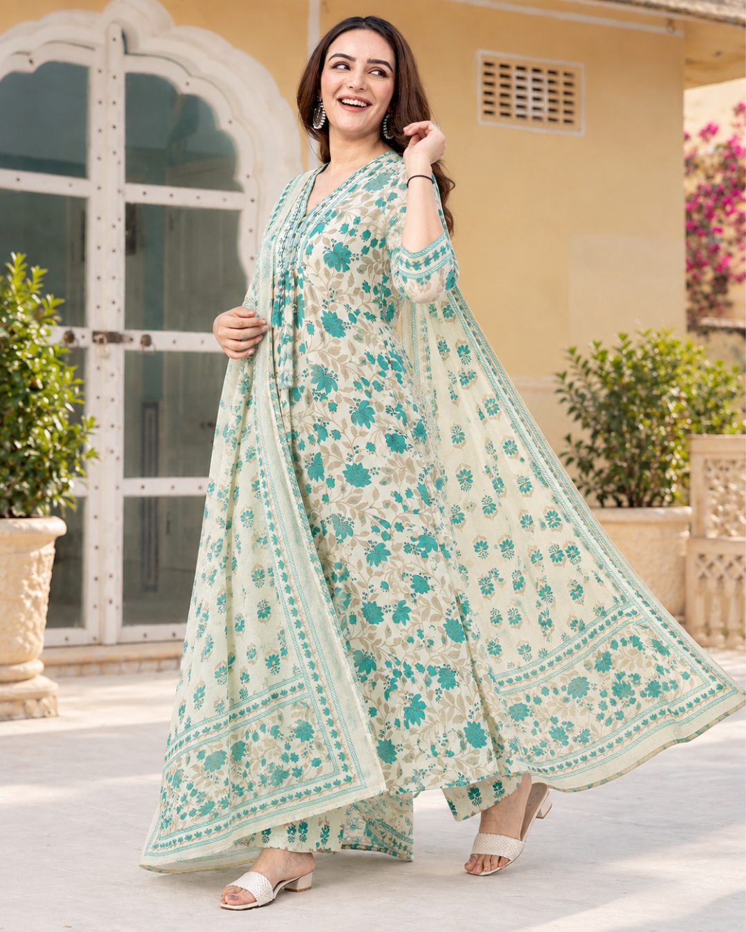 Sea Green Floral Jaipuri Cotton Anarkali Set