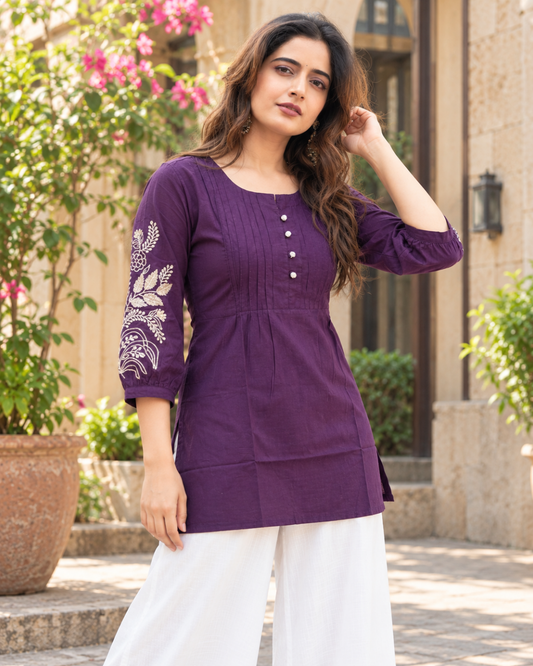 Trisha Plum Embroidered Sleeve Kurti