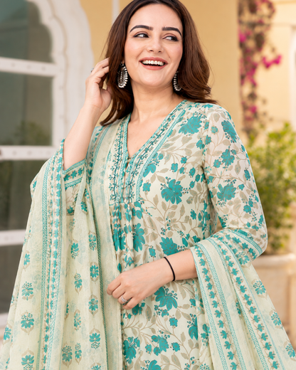 Sea Green Floral Jaipuri Cotton Anarkali Set